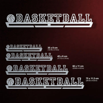 Basketball Medal Hanger Display available in multiple sizes from 35 cm to 75 cm, suitable for holding 8 to 45 medals depending on the model.