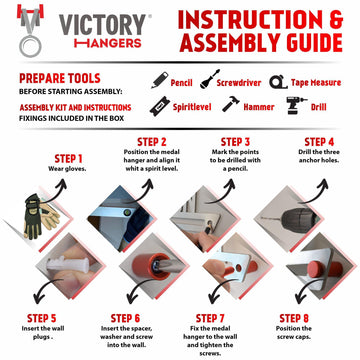 Victory Hangers instruction and assembly guide for Basketball Medal Hanger Display, detailing step-by-step installation with included tools.