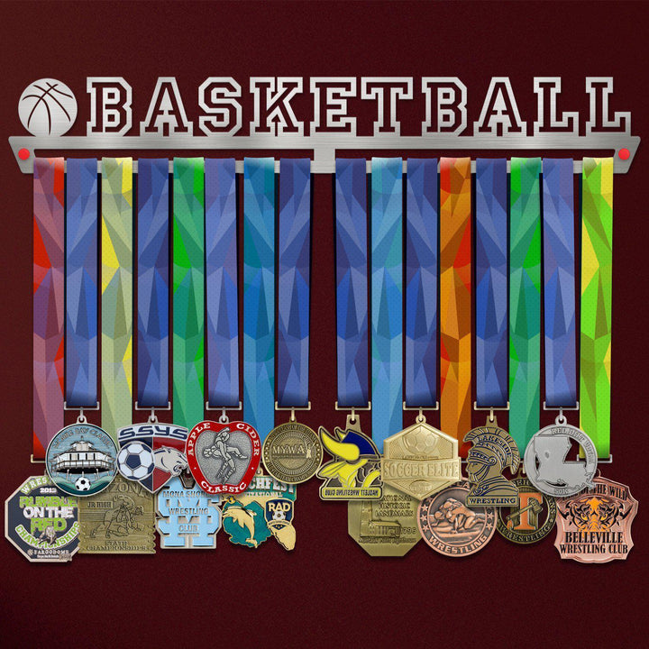 Basketball Medal Hanger Display showcasing colorful ribbons and various medals, ideal for organizing basketball achievements at home or in gyms.