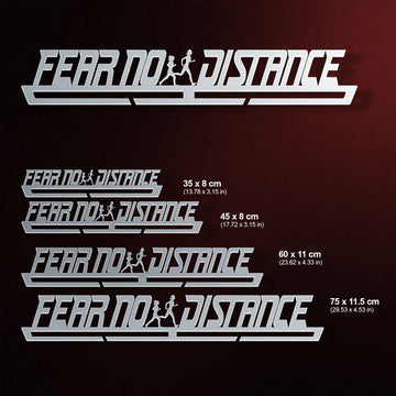 Fear No Distance Medal Hanger Display FEMALE shown in four size options with dimensions in cm, made of durable stainless steel.