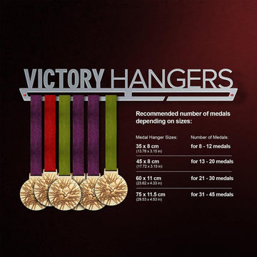 Victory Hangers medal display size guide showing medal capacity for each hanger size from 8 to 45 medals, ideal for athletes.