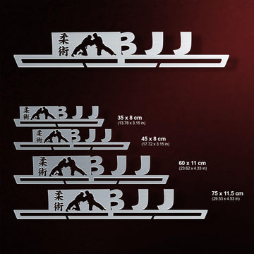 Multiple size options of BJJ Brazilian Jiu Jitsu Medal Hanger Display V2 shown on a red background, perfect for organizing various medal counts.