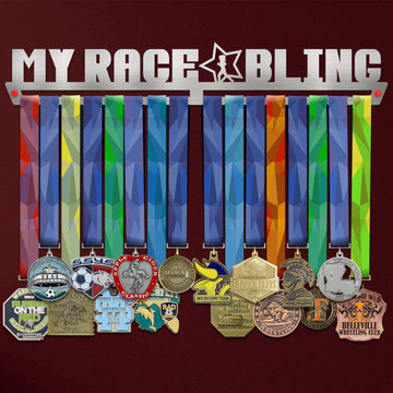 My Race Bling Medal Hanger Display FEMALE holding colorful race medals on a stainless steel rack, ideal for organizing athletic achievements.
