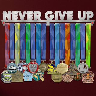 Never Give Up Medal Hanger Display holding colorful ribbons and various medals, ideal for organizing up to 48 medals in a stylish way.