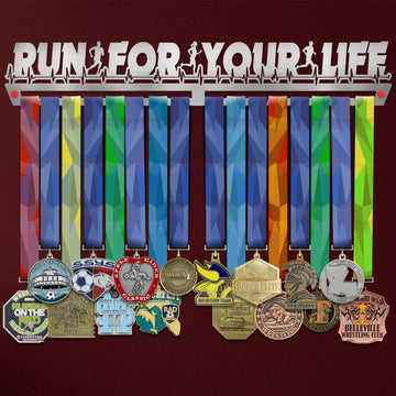 Run For Your Life Medal Hanger Display by Victory Hangers showcasing colorful ribbons and various medals on a brushed stainless steel rack.