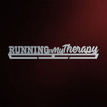 Stainless steel Running Is My Therapy Medal Hanger Display with sleek brushed finish, perfect for organizing running medals.