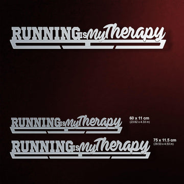 Running Is My Therapy Medal Hanger Display shown in two sizes, 60x11 cm and 75x11.5 cm, for different medal capacities.